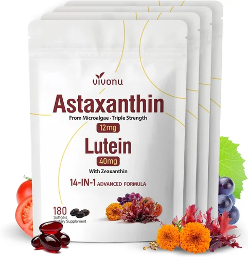 Vista 10 de Astaxantina 14 en 1 12 mg y luteína 40 mg con suplementos de zeaxantina, suministro para 6 meses, fuente de microalgas frescas, apoya los ojos