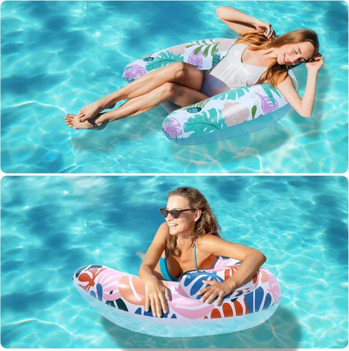 Vista 7 de Paquete de 2 flotadores de piscina para adultos, silla flotante inflable para piscina con soporte para tazas, hamaca, juguetes, inflable