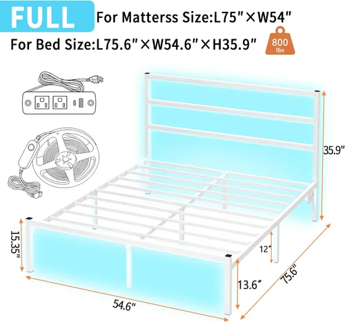 Vista 2 de CLIBFENG Marco de cama tamaño completo con cabecero, soporte de listones de acero resistente - Marco de cama LED con estación de carga USB, base