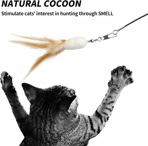 Vista 6 de uahpet Juguetes de plumas naturales para gatos de interior, varita retráctil para gatitos, 60 pulgadas, distancia de caza segura, juguetes