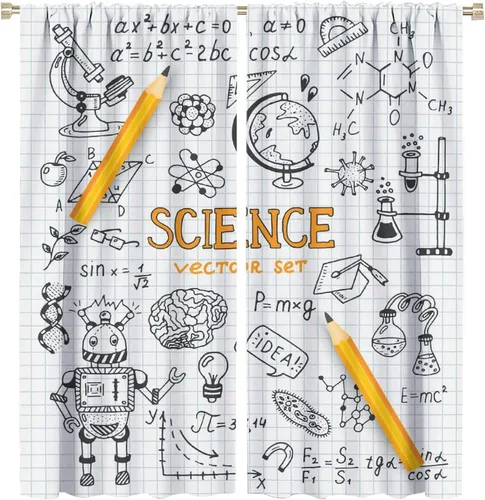 Vista 86 de Cortinas opacas para ventanas de ciencia para niños, lupa de libro de laboratorio de ciencia, lupa, frascos moleculares, cortinas impresas