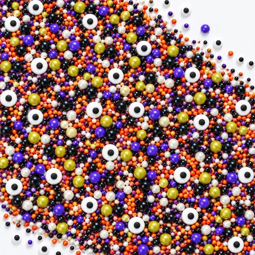Vista 17 de Confect Mezcla de espolvorear de Halloween – Bolas de discoteca blancas, naranjas, moradas, negras y verdes, ojos de caramelo y jimmies – Gránulos