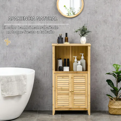 Vista 4 de HOMCOM Mueble de baño de bambú con estantes y puertas, natural
