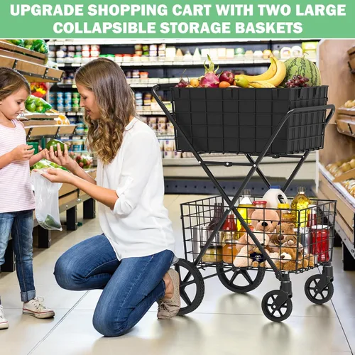 Vista 5 de 【2025𝐍𝐄𝐖】Carrito de compras plegable extra grande de 2 niveles con ruedas, carrito de compras de 400 libras para víveres con 2 cestas extraíbles