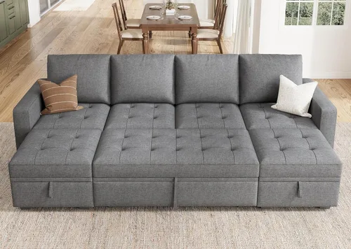 Vista 27 de HONBAY Sofá cama modular modular con cama extraíble, sofá en forma de L con asiento de almacenamiento, sofás seccionales para sala de estar, beige