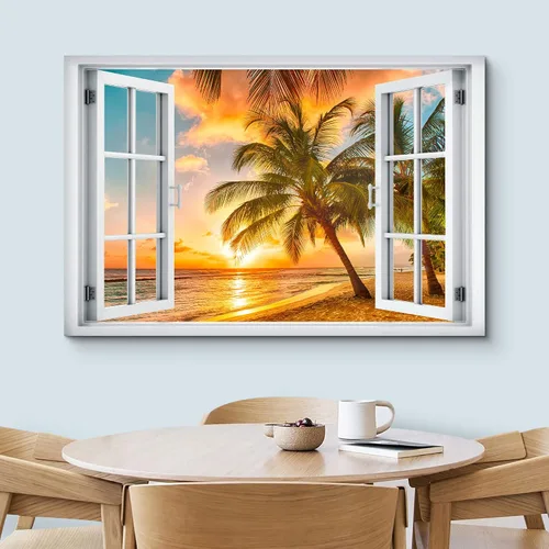 Vista 3 de wall26 - Cuadro en lienzo para pared, vista de ventana, atardecer neón, cielo, palmera tropical, playa, naturaleza, desierto, fotografía, realismo