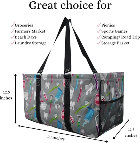 Vista 328 de NGIL Bolsa de comestibles reutilizable extra grande plegable de gran tamaño para comestibles, almacenamiento, picnic, playa, Estampado