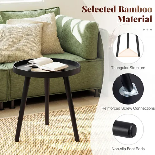 Vista 3 de Giantex Mesa auxiliar redonda, mesa auxiliar moderna de mediados de siglo con bandeja de madera y patas de bambú, mesa de centro pequeña para sala