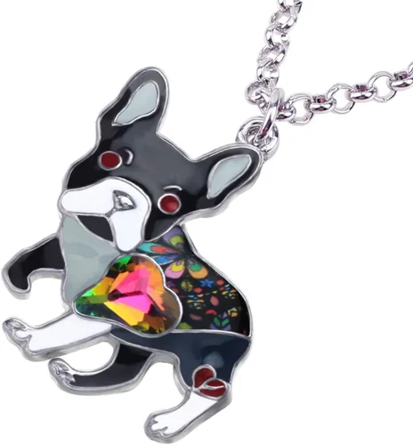 Vista 3 de BONSNY Collar de Bulldog Francés con diamantes de imitación esmaltados, diseño original para mujeres y niños