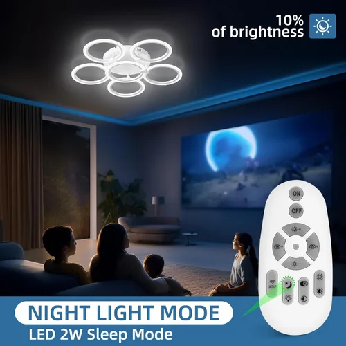 Vista 7 de Lámpara de techo LED, lámpara de techo moderna de 6 anillos, 77 W regulable 3000K a 6500K, luz de techo blanca con control remoto para sala