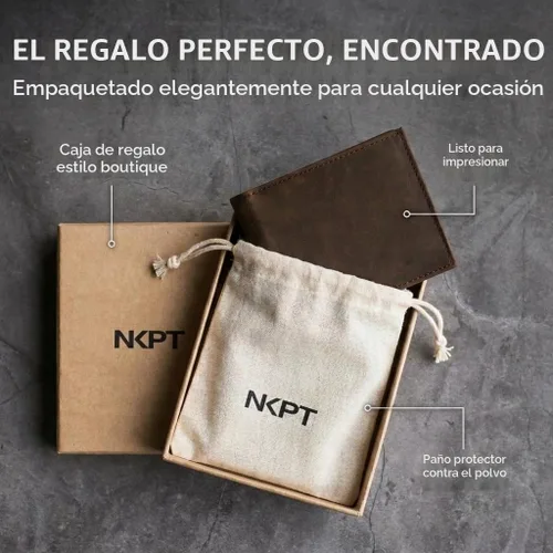 Vista 6 de Billetera plegable de cuero RFID premium para hombre Cuero de grano completo, protección RFID, Marrón (Chestnut Brown), Talla única, Minimalista