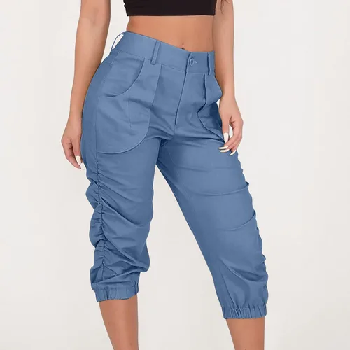 Vista 2 de Pantalones capri para mujer, estilo cargo, casual, de verano, talla grande, pantalones capri ligeros, atléticos, holgados, elásticos, recortados