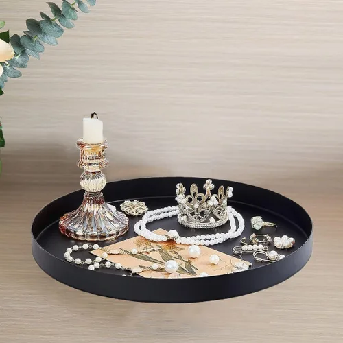 Vista 3 de Bandeja redonda de metal negro para velas, bandeja de servir decorativa para decoraciones modernas de hogar de granja (11.8")