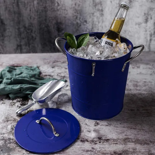 Vista 8 de T586 Cubo de hielo de doble pared de metal azul 4L con tapa y cuchara