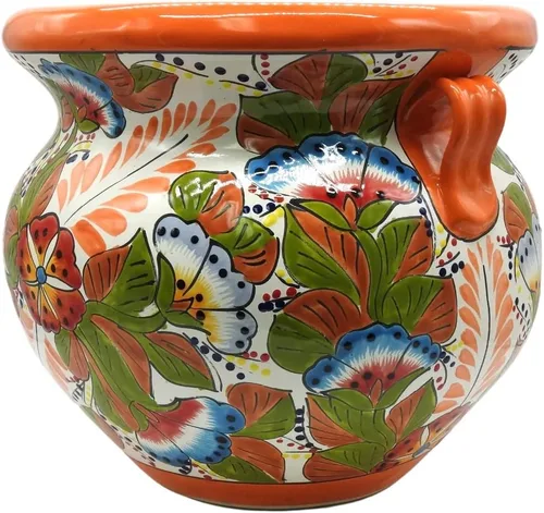Vista 4 de Michoacana - Maceta mediana pintada a mano, para interiores y exteriores, multicolor Naranja