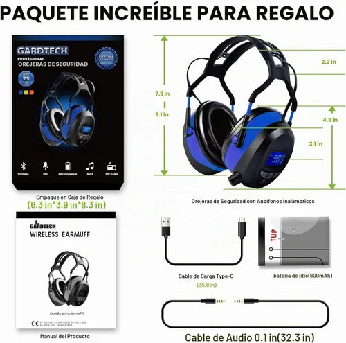 Vista 3 de Gardtech Protección auditiva con Bluetooth, orejeras de radio FM, NRR 29dB, auriculares de protección auditiva con cancelación de ruido con MP3