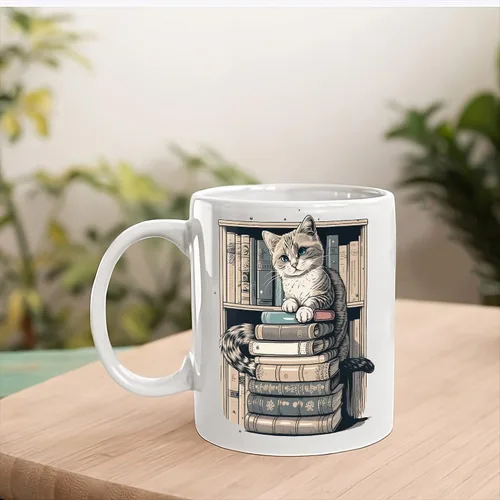 Vista 3 de Taza divertida para amantes de los gatos, tazas de biblioteca para amantes de los gatos y los libros, taza de libros y gatos, artículos