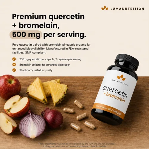 Vista 3 de Luma Nutrition Quercetina 500mg - Suplemento de quercetina con bromelina - Antioxidante - Apoyo inmunológico - Vegano y sin gluten - 60 cápsulas