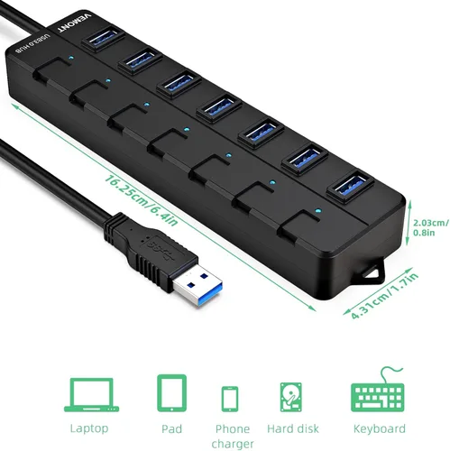 Vista 7 de Concentrador USB, concentrador USB 3.0 de 7 puertos, divisor USB VEMONT con interruptores y luces individuales de encendido/apagado, cable largo USB