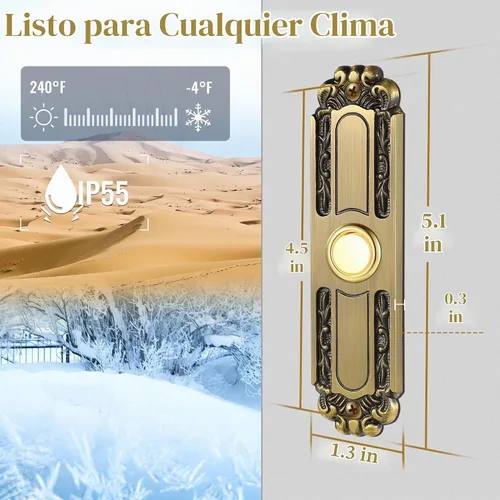 Vista 3 de Dreyoo - Timbre de puerta de metal iluminado con botón, estilo retro