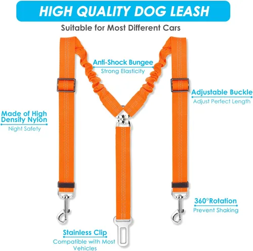 Vista 10 de SlowTon - Cinturón de seguridad doble para perro con amortiguador elástico ajustable Dual Dog Seatbelt Splitter for Two Dogs, Reflective, No