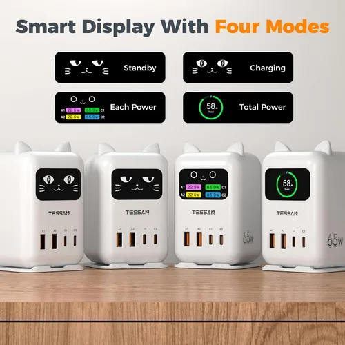 Vista 3 de Cargador de bloque USB C PD 65W, estación de carga TESSAN para múltiples dispositivos, cargador de torre de escritorio con 4 puertos USB para iPhone