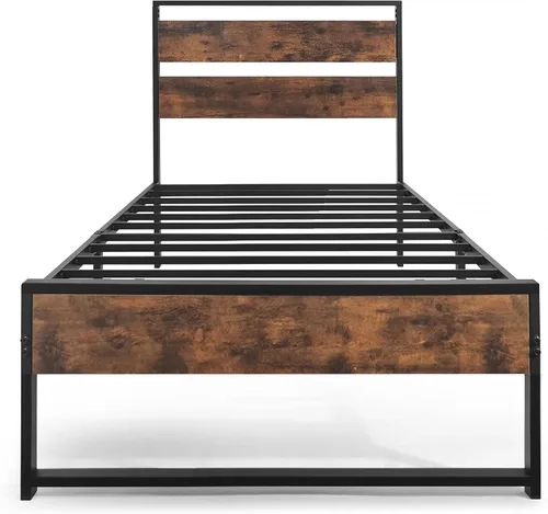 Vista 8 de CAPHAUS Base de cama de metal con cabecera y estribo de madera, plataforma de metal con marco de acero de primera calidad, base de colchón, sin