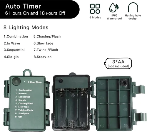 Vista 6 de 50 luces LED C6, alambre verde, estuche de batería impermeable, funciones múltiples, temporizador, blanco frío