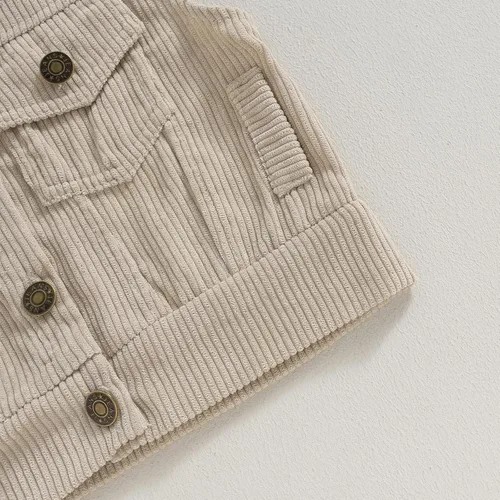 Vista 5 de Omkzanbi Chaleco de pana para niños y niñas, con cuello alto, bolsillo con botones, sin mangas, para otoño e invierno