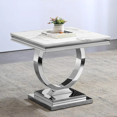 Vista 13 de Mesa de centro de 47 pulgadas de mármol negro con base en forma de U de acero inoxidable espejado, mesa central de parte superior rectangular