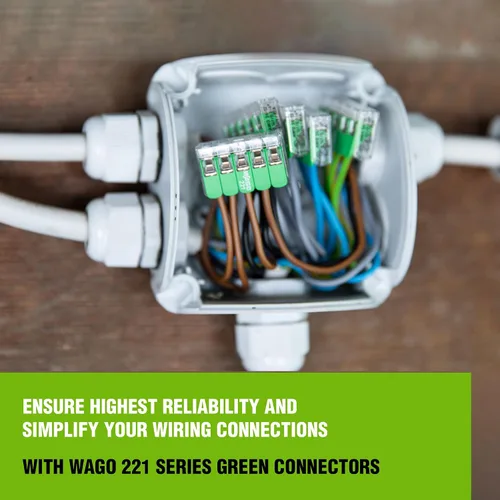 Vista 14 de WAGO 221 Series Green Range 36 conectores de cable de empalme compactos, incluye (16 tuercas de palanca 221-422) (12 x 221-423) (8 x 221-425)