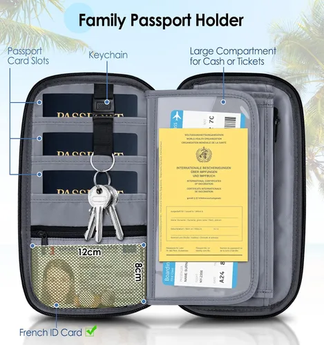 Vista 4 de BKNOOU Soporte para pasaporte familiar, organizador de documentos de viaje con correa cruzada para muñeca, cartera impermeable para pasaporte