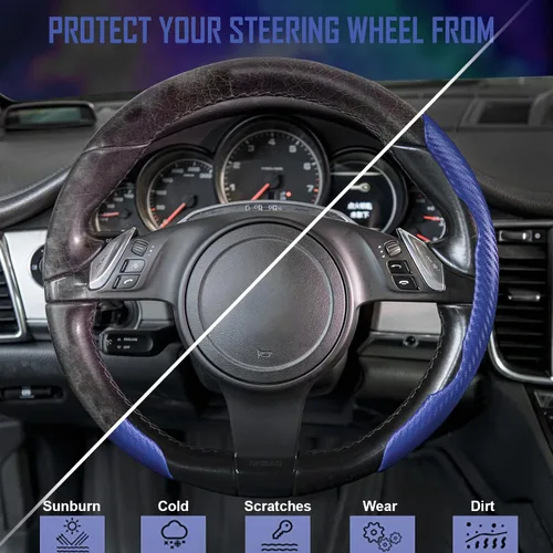 Vista 6 de CAR PASS Funda de volante de fibra de carbono, protector de rueda segmentada, accesorios deportivos antideslizantes para automóvil, ajuste universal