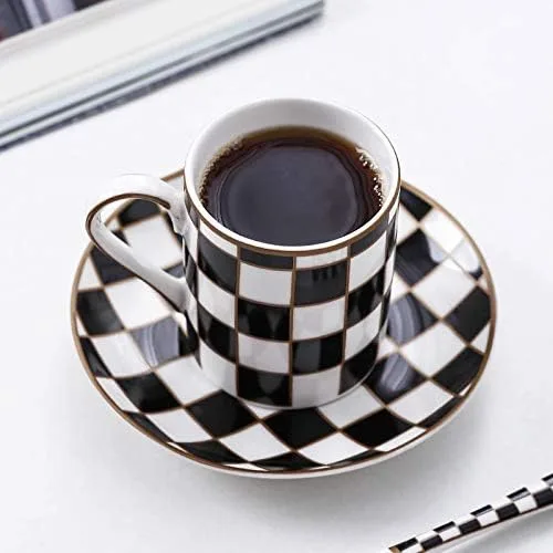 Vista 2 de Checker - Juego de 6 tazas y platillos de espresso de 3 onzas, juego de tazas Demitasse
