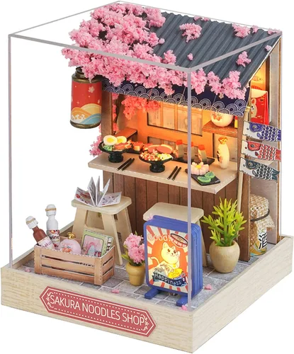 Vista 14 de CUTEROOM Juego de bricolaje para casa de muñecas en miniatura con muebles de madera, kit de casa de madera con cubierta antipolvo y luz LED