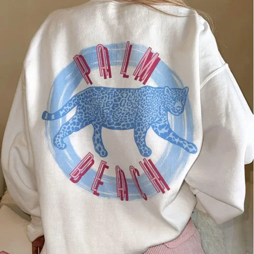 Vista 5 de WEIIYONN Sudaderas con capucha para mujer, sudadera de gran tamaño, cuello redondo, palmera, playa, letras, leopardo, estampado gráfico