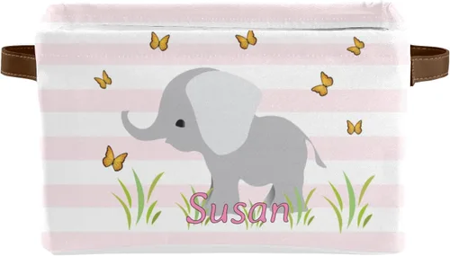 Vista 9 de Canasta de almacenamiento personalizada de elefante verde azulado con nombre, caja de almacenamiento grande con asas para el hogar, oficina