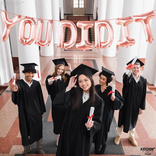 Vista 2 de KatchOn, Globos de oro rosa con el texto en inglés "You Did It" (16 pulgadas) Banner de You Did It para decoraciones de graduación 2026 Banner