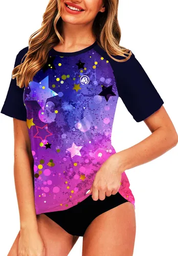 Vista 104 de AOBUTE Camisetas de natación de manga corta para mujer con protección solar degradada