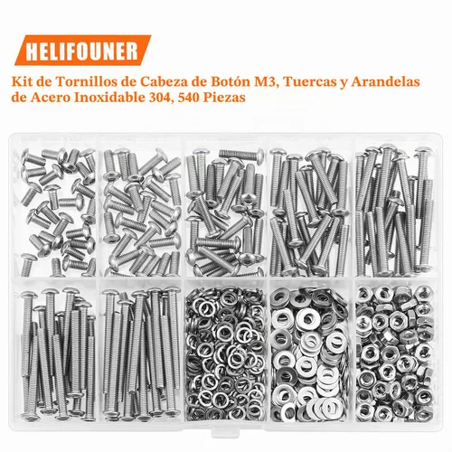 Vista 5 de HELIFOUNER - Juego de 540 piezas M3 x 6mm / 8mm / 12mm / 16mm / 20mm / 25mm / 30mm, tornillos de cabeza de botón, tuercas y arandelas, acero