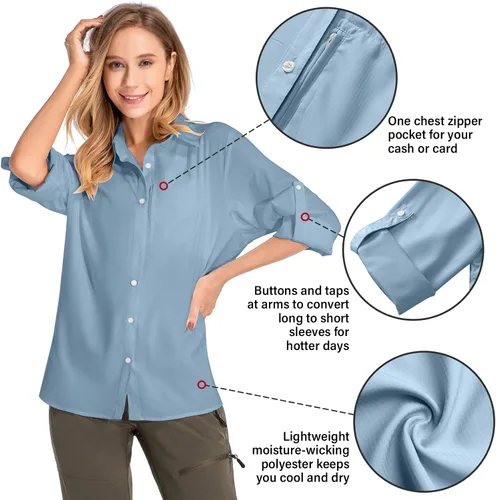 Vista 6 de Camisas de manga larga con protección solar UPF 50 para mujer, de secado rápido, para pesca al aire libre, senderismo, viajes