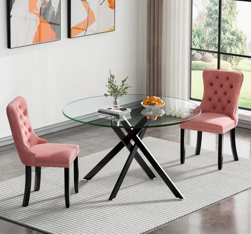 Vista 93 de Juego de mesa de comedor SSLine moderno de 3 piezas con mesa redonda de vidrio para 2, lujosa mesa de comedor circular de 36" con tapa de vidrio