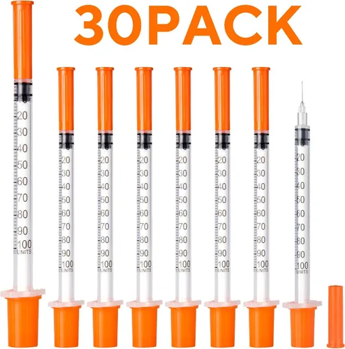 Vista 2 de Jeringas U-100, 31G 5/16" (8mm) 0.0 fl oz/cc jeringa desechable, embalaje individual, paquete de 30