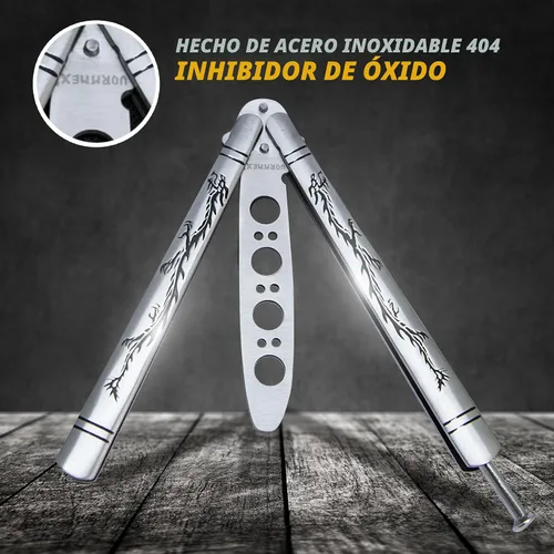 Vista 6 de Vornnex, cuchillo mariposa de práctica, hoja desafilada de acero inoxidable para entrenamiento, dragón negro (plateado)