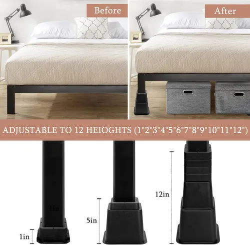 Vista 3 de 28 PCS Elevadores de Cama Ajustables de 12 Pulgadas Resistentes, Elevadores de Muebles con Elevación en Alturas de 1, 2, 3, 4, 5, 6, 7, 8, 9, 10