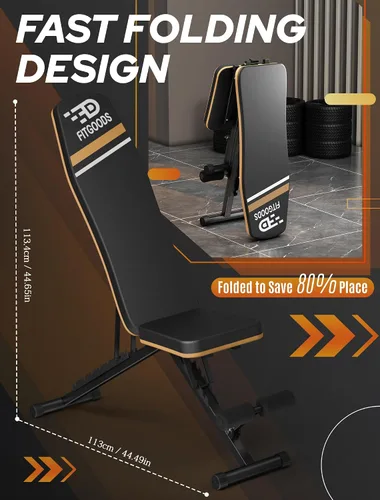 Vista 4 de FitGoods Banco de pesas plegable sin ensamblaje para gimnasio en casa, capacidad de 300 kg con inclinación y declinación, banco de abdominales