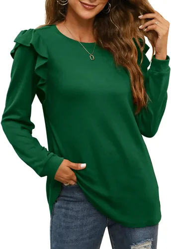 Vista 3 de Dofaoo Camisas de manga larga para mujer, estilo casual, cuello redondo, volantes, ajuste holgado