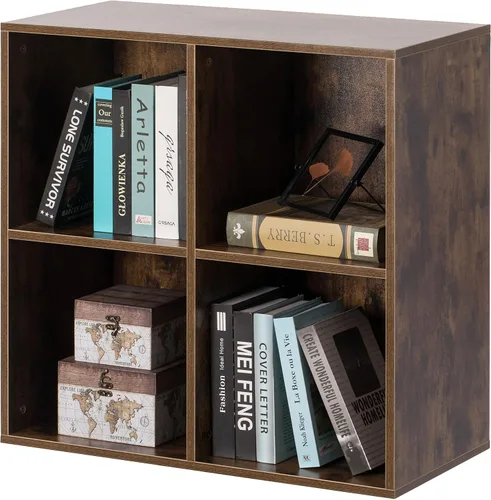 Vista 5 de Basicwise Estantería de madera moderna para almacenamiento de juguetes, 4 cubos, organizador cuadrado, nogal