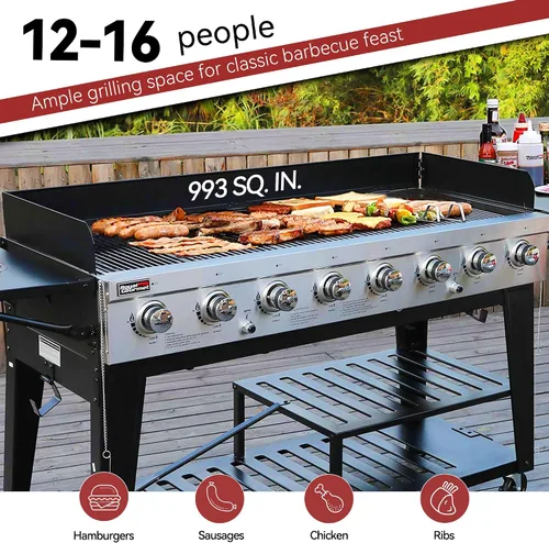 Vista 5 de Royal Gourmet Parrilla de gas de 8 quemadores, 104,000 BTU a propano líquido, sistemas duales controlados independientemente, para fiestas al aire