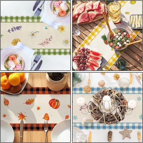 Vista 5 de 4 piezas de lindos gnomos con estampado de cuadros búfalo, camino de mesa de 72 pulgadas de largo, Hello Spring Hello Summer decoración de mesa